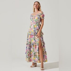 Viona Floral Off Shoulder Tiered Maxi Dress